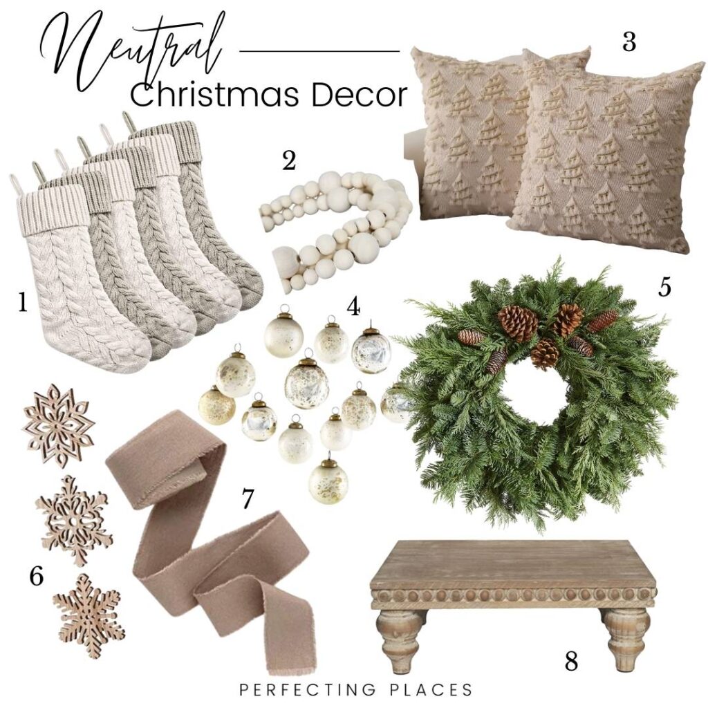 A collage of neutral Christmas decor items, featuring knit stockings in classic Christmas color schemes, beige throw pillows, a wooden bead garland, white ornaments, a green wreath, snowflake ornaments, a beige ribbon, and a wooden stand. Described by "Perfecting Places.