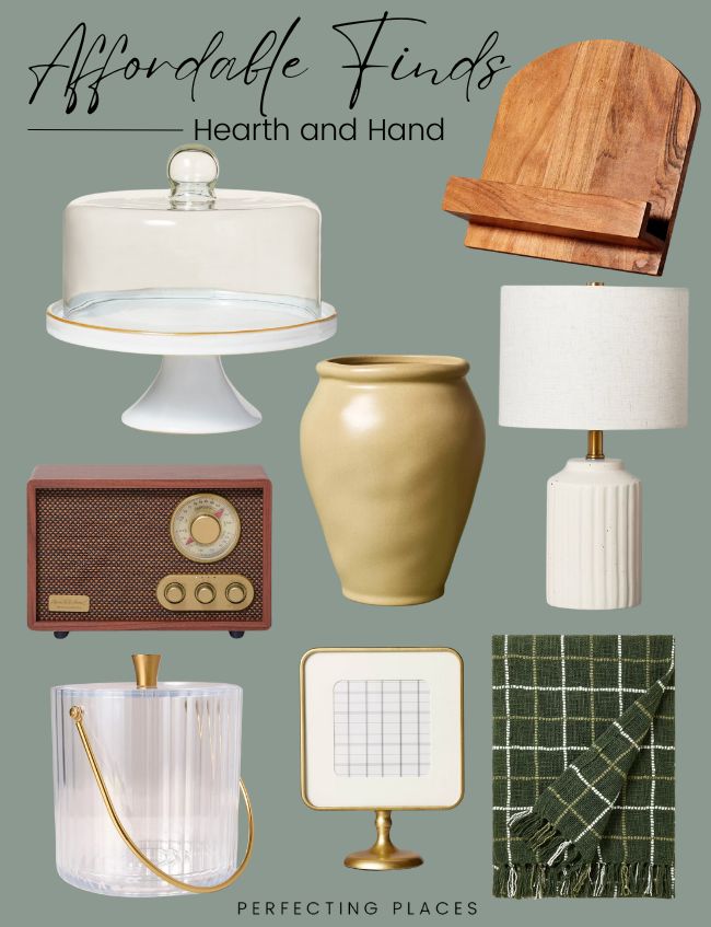 Discover affordable home decor treasures, perfect for Thanksgiving Week. Featuring a wooden tablet stand, glass cake stand, vase, lamp, vintage radio, acrylic ice bucket, photo frame, and green plaid throw blanket. Text at the top reads "Affordable Finds: Hearth and Hand.