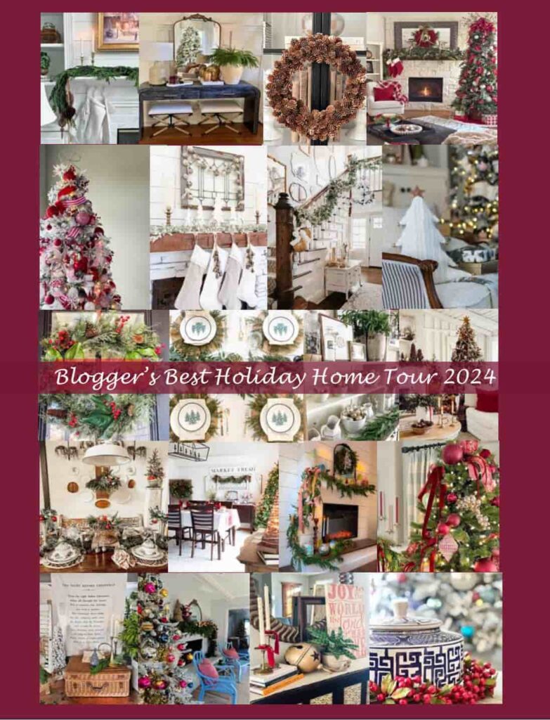 Collage of festive holiday home decor, showcasing a classic Christmas with decorated trees, wreaths, garlands, dining tables, and mantelpieces—all part of the "Blogger's Best Holiday Home Tour 2024," exuding timeless elegance in every detail.