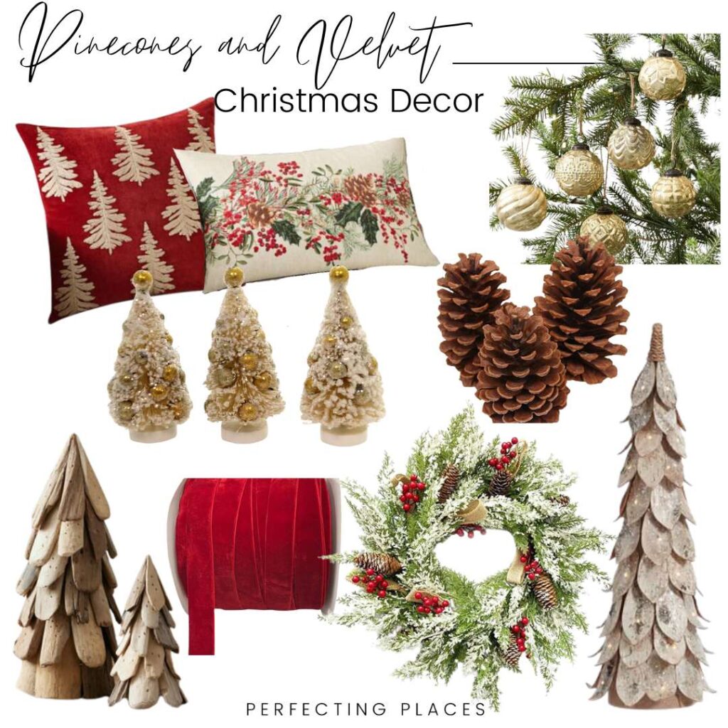 Christmas decor collection featuring red and white embroidered pillows, gold ornaments on a tree, pine cones, decorative trees, a red ribbon, and a festive wreath. The theme is "Pinecones and Velvet" by Perfecting Places.