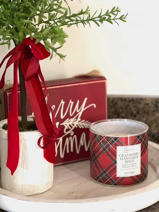 A festive scene featuring a small potted plant with a red ribbon, a "Merry Christmas" sign, and a cranberry Canadian spice candle in a plaid container, all arranged on a round white tray.