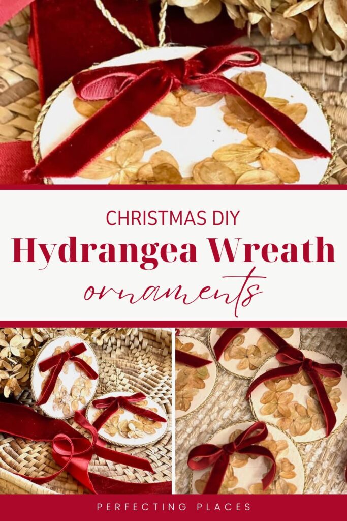 Three handmade DIY hydrangea Christmas ornaments tied with red ribbons, displayed on a woven basket. Text reads "Christmas DIY Hydrangea Wreath Ornaments".