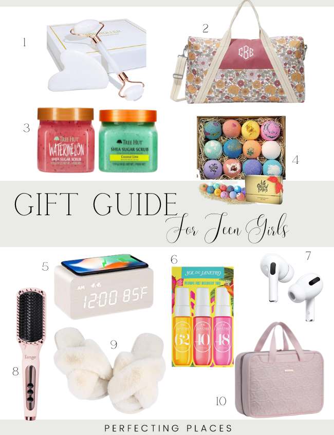 Holiday gift guide for teen girls, showcasing a floral duffle bag, bath bombs, face rollers, body scrubs, hairbrush, digital alarm clock, skincare set, wireless earbuds, fluffy slippers, and a laptop bag—all perfect picks for your holiday gift guides on a crisp white background.