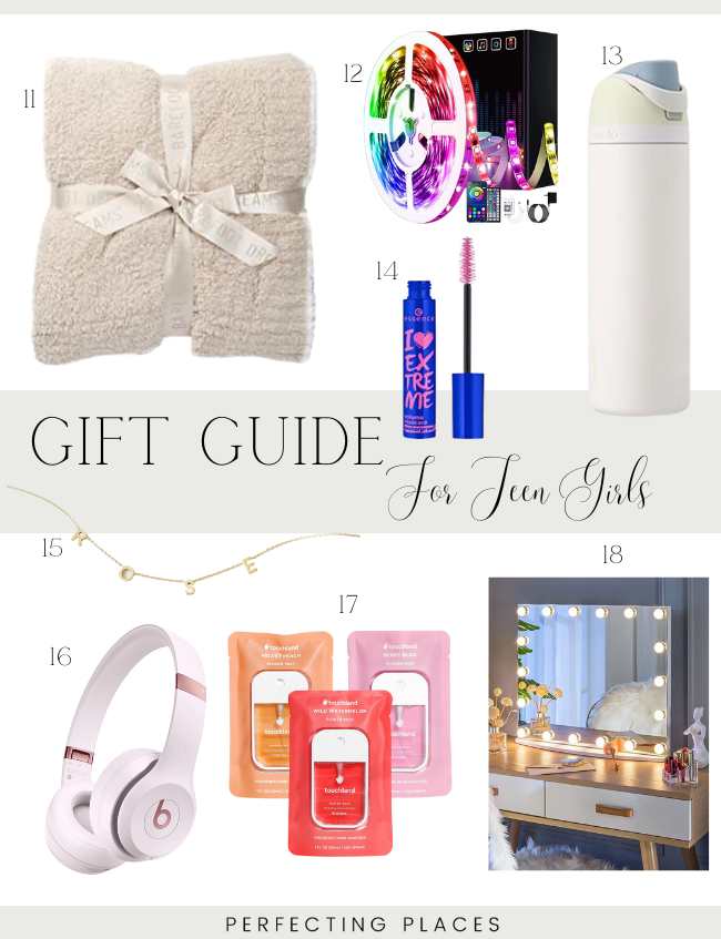 Explore our Holiday Gift Guide for teen girls, showcasing must-haves like cozy blankets, LED strip lights, insulated water bottles, and wireless headphones. Complete the surprise with an initial necklace or a vanity mirror with lights to add a bit of sparkle.