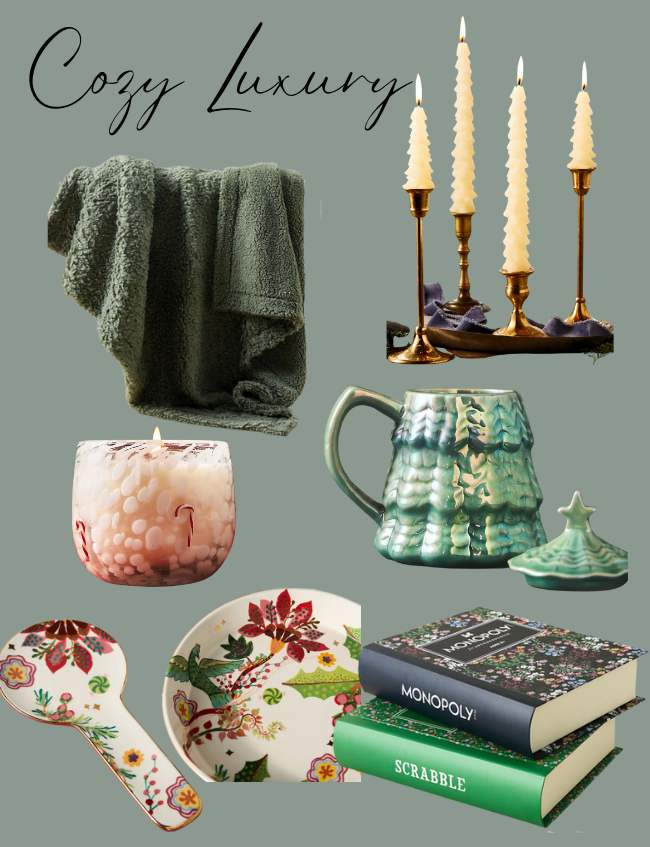 A collage titled "Cozy Luxury" celebrates Thanksgiving warmth with a green blanket, brass candle holders with white candles, a green mug, floral dishware, and colorful books like Monopoly and Scrabble. A decorative candle resembling a Christmas tree adds charm to the scene.