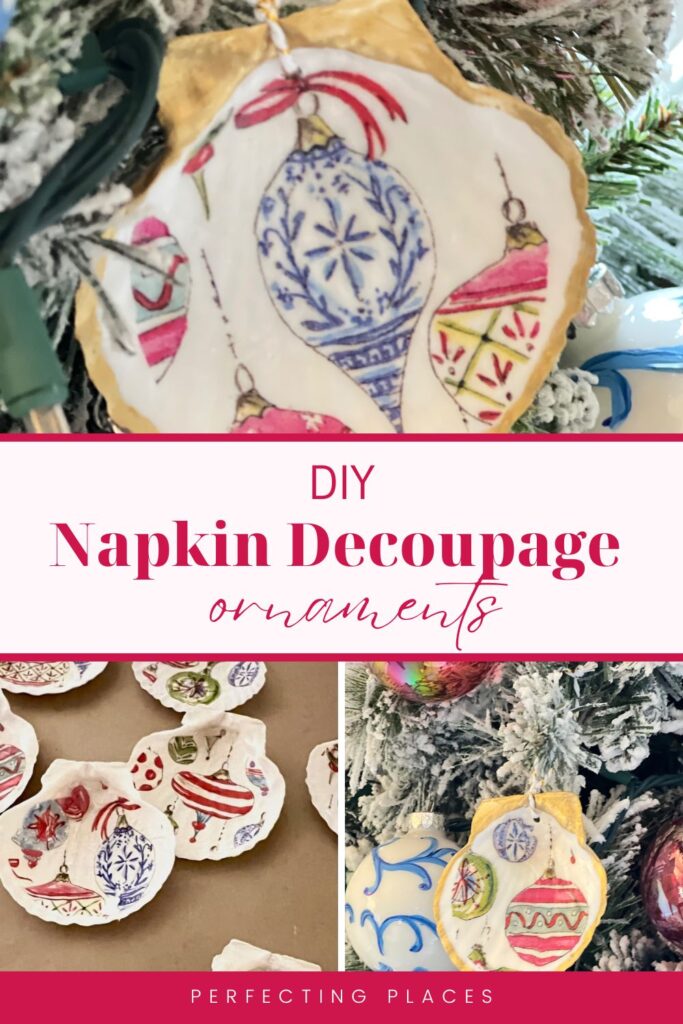 DIY Christmas ornaments made using napkin decoupage. The image features festive, intricate patterns like snowflakes and baubles on a snowy tree, perfect for your holiday craft collection. Text reads "DIY Napkin Decoupage Ornaments.