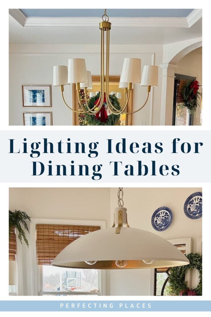 A collage showcasing dining room and breakfast nook lighting ideas: The top presents a brass chandelier with multiple arms and white shades, while the bottom features a modern white pendant light. Both spaces boast framed pictures and greenery for an inviting ambiance.