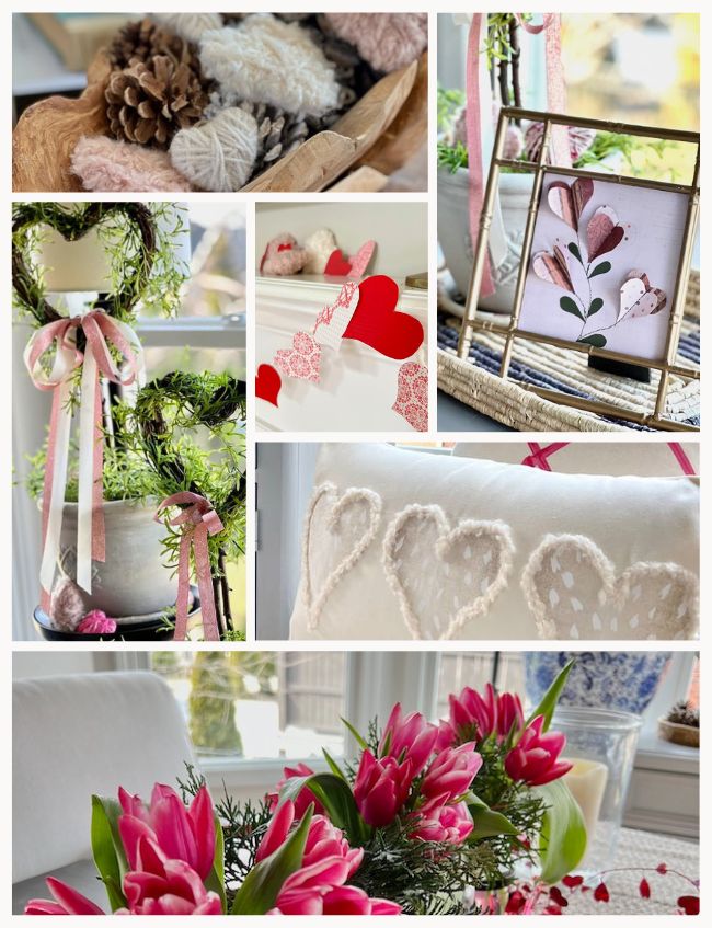 A collage of Valentine's Day decor, showcasing DIY Valentine decorations like pink tulips, heart-shaped ornaments, a wreath with ribbons, and a framed heart art piece. A pillow with heart designs sits beside yarn balls and pinecones in a bowl, crafting a cozy atmosphere.