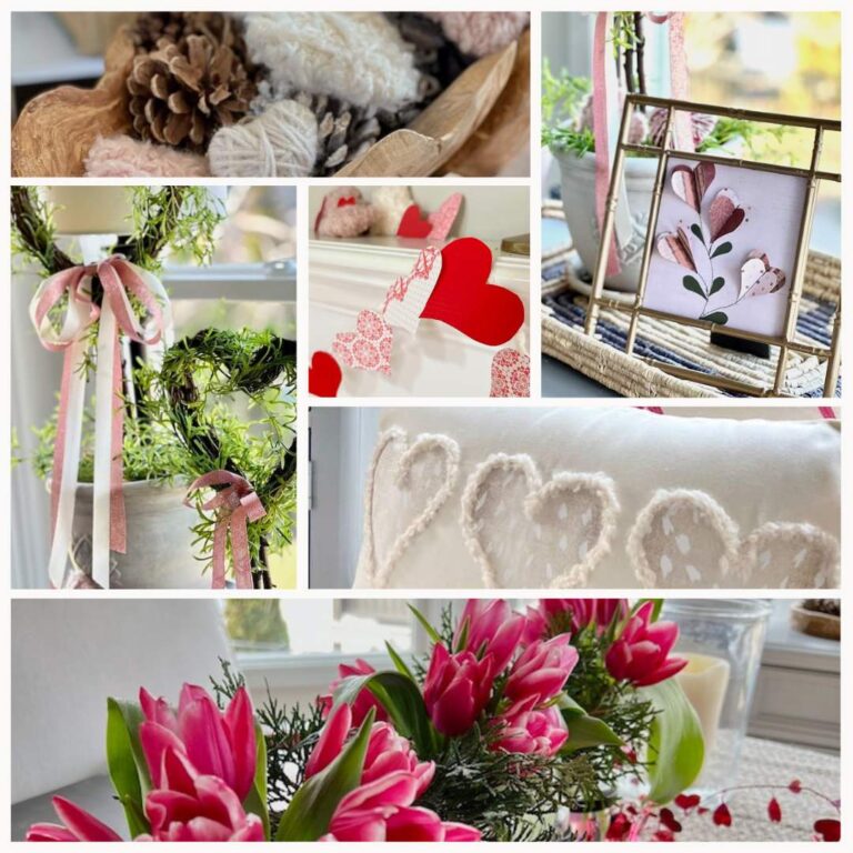 A collage of DIY Valentine's Day decorations featuring knitted hearts, tulips, and a heart-shaped wreath with pink ribbons. Heart motifs on a pillow and artwork blend beautifully with pine cones and cozy textures, creating a warm, festive atmosphere.