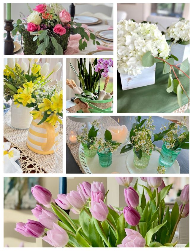 A collage of affordable DIY spring centerpieces: pink roses in a moss-covered vase, white blooms in a square container, yellow lilies in a striped jug, a potted plant with a bunny, small green vases with dainty flowers, and pink tulips in bloom.