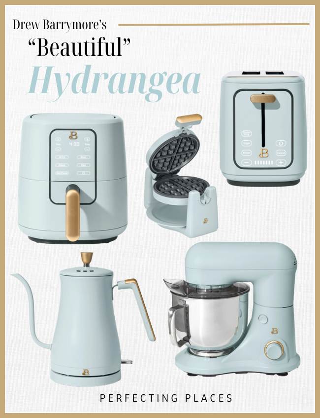 A collection of pastel blue kitchen appliances, including a toaster, kettle, blender, air fryer, and a waffle maker, is beautifully arranged on a light backdrop. The text "Drew Barrymore's 'Beautiful' Hydrangea - Home Inspiration for your Spring Refresh" graces the top.