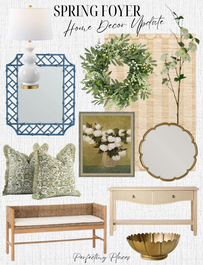 Collage of spring entryway decor: a white lamp, blue lattice mirror, wreath, floral artwork, scalloped mirror, wooden bench with cushions, white side table, potted plant, and gold bowl on a striped background labeled "Spring Foyer Home Decor Update.