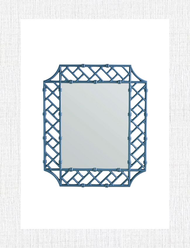 A rectangular mirror with a blue lattice frame, perfect for spring decor, featuring a decorative geometric design. The frame sports a crisscross pattern and rounded corners, set against a white background with a subtle textured border—ideal for brightening up your entryway.