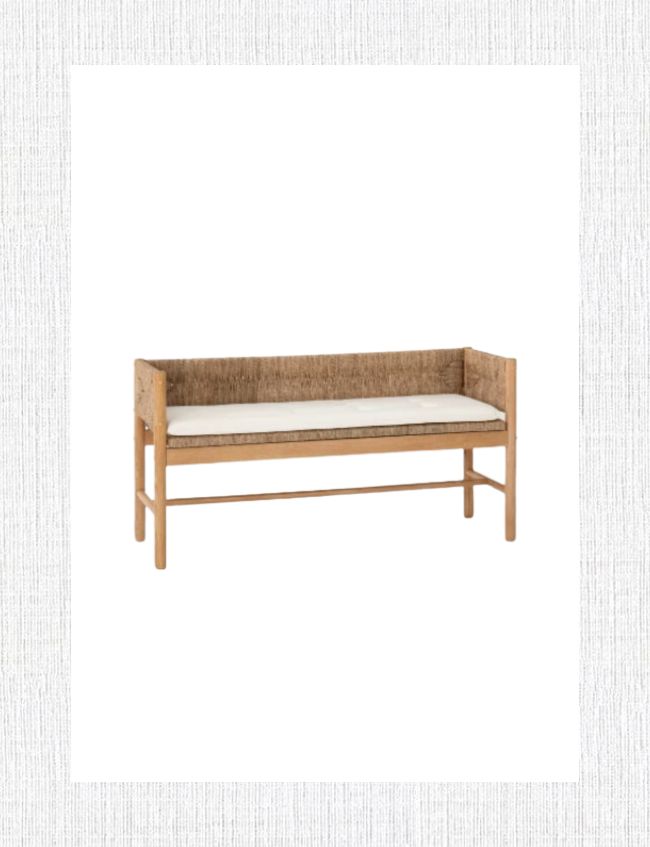 A wooden bench with a woven backrest and sides, featuring a white cushioned seat, perfect for entryway decor. The simple, sturdy frame stands elegantly against a white background, inviting guests into your home with style.