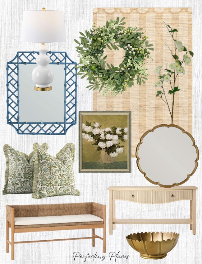 A collection of spring decor for your foyer on a textured background: a blue lattice mirror, a white lamp, a wreath, floral rug and painting, decorative pillows, wooden bench, round mirror, console table, and gold bowl. Perfect entryway decor to refresh your space.