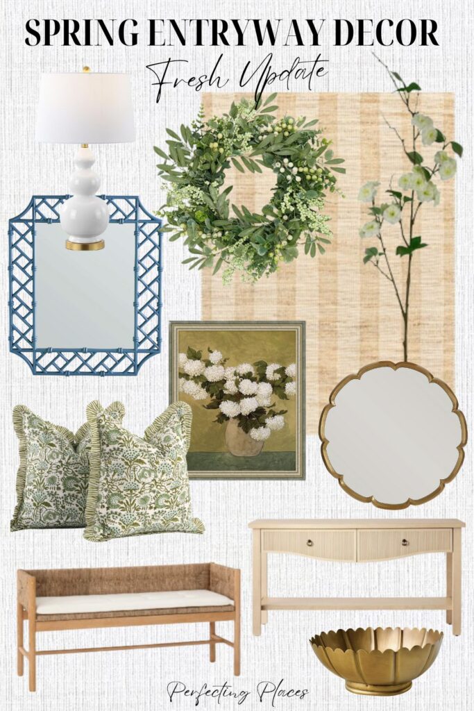 Collage of spring entryway decor showcases a table lamp, greenery wreath, potted orchid, patterned mirror, circular mirror, floral throw pillows, two tables, a decorative bowl, and a woven rug. Text reads "Fresh Entryway Decor Update." Perfect for revitalizing your foyer styling.