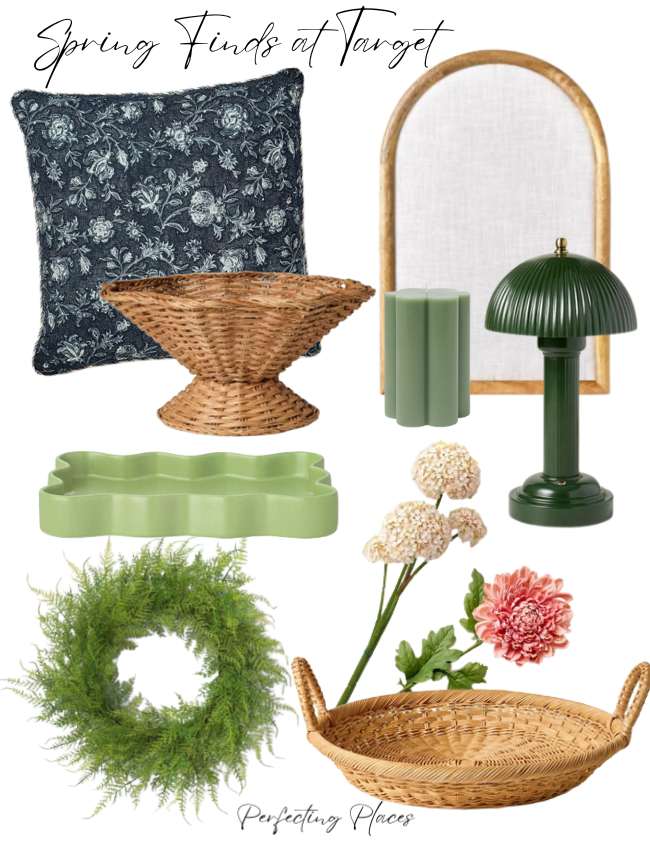 A collage of spring decor favorites from Target, featuring a floral cushion, wicker pedestal bowl, green candles, arched mirror, green lamp, planter, wreath, woven tray, and faux flowers on a white background. These cozy home touches invite warmth and charm into any space.