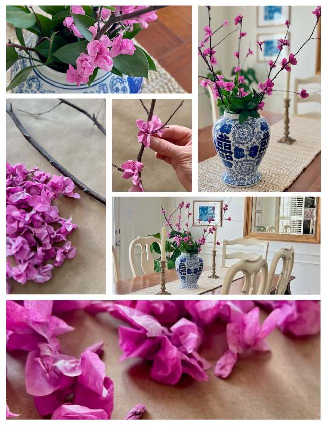 Collage of pink tissue paper flowers crafted onto flowering branches in a blue and white vase. Includes close-ups of flowers and person placing a bloom. The arrangement is set on a dining table with chairs and candlesticks in the background.