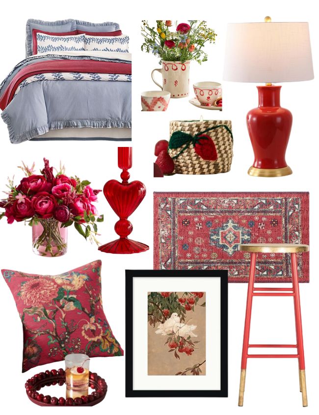 A collage of home decor items features the unexpected allure of red, white, and floral themes. Includes bedding, a lamp, mugs, flowers, a candle, rug, artwork, pillow, stool, basket, and heart-shaped ornament—a testament to the theory that bold hues can transform any space.