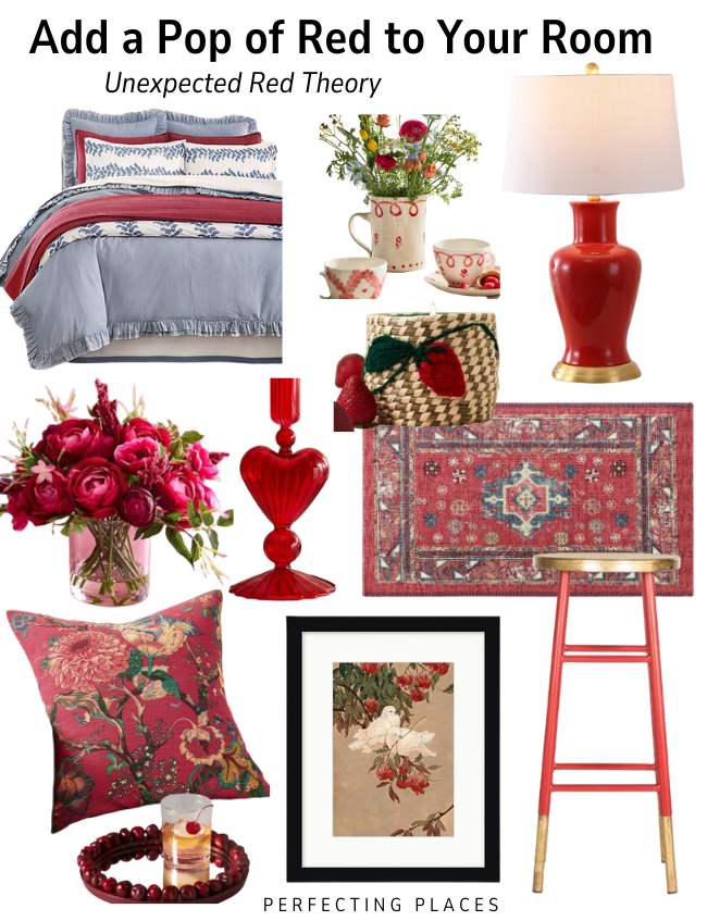 A collage of home decor items showcasing unexpected red theory: bedding, pillows, a lamp, candle holders, a rug, flowers, a framed picture, a stool, and patterned containers. The text reads "Add a Pop of Red to Your Room: Embrace the Unexpected.