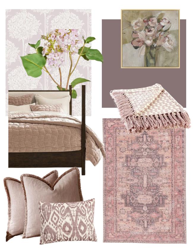 A mood board featuring a soft floral theme with a light pink and beige color palette. Includes a bed with a quilt, decorative pillows, a patterned rug, a fringed throw, floral wallpaper, and a floral painting.