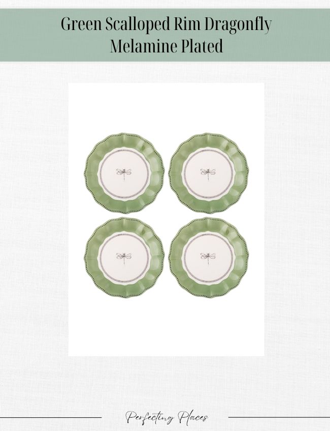 Four green scalloped rim melamine plates, each featuring a central dragonfly design, are arranged in a grid on a white background. The top text reads "Green Scalloped Rim Dragonfly Melamine Plates," offering a timeless look perfect for classic Amazon home decor enthusiasts.