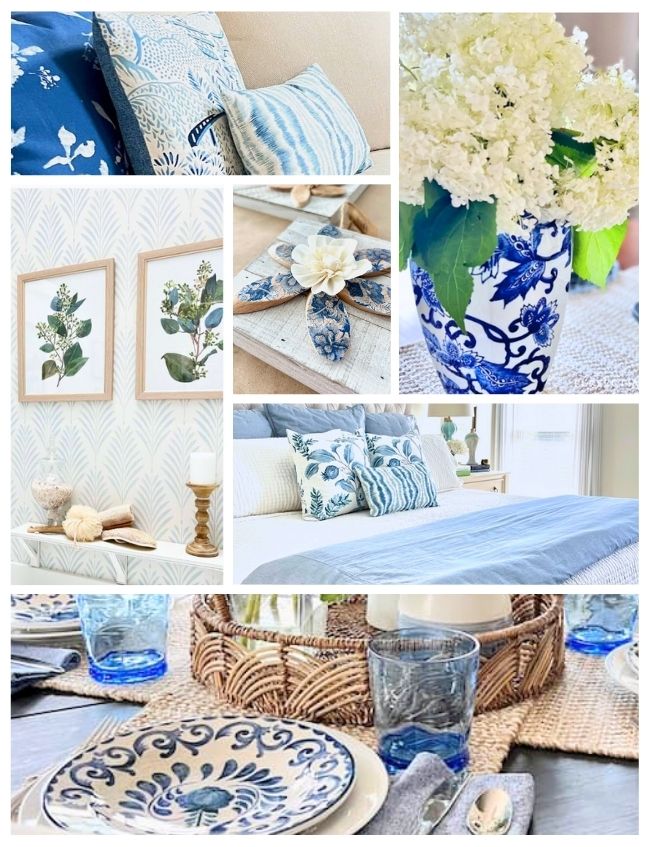 A collage of blue and white decorating ideas: floral pillows, framed botanical art, a vase with white flowers, an elegant table setting with blue accents, and a wicker tray featuring blue and white dishware.