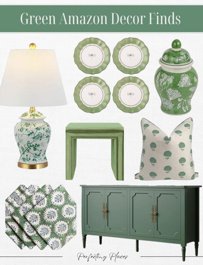 Discover a collection of green home decor items with a timeless look, including a table lamp, four plates, a decorative jar, a stool, and more. Each piece boasts botanical or floral designs on a light background. Perfect for those looking to go green in style!.