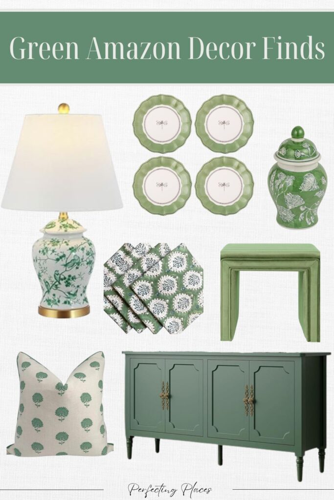 Collage of green decor finds includes a decorative plate set, cushion, cabinet, footstool, throw pillows, table lamp with a green and white base, ginger jar, and napkins in floral patterns. Text reads "Classic Amazon Home Decor Finds" for a timeless look.