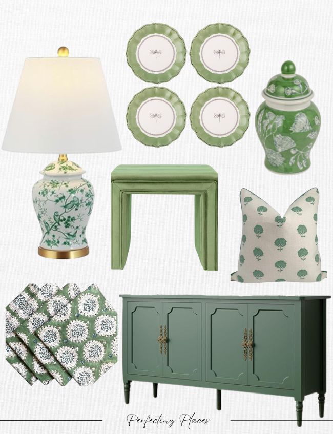 Discover our captivating green home decor finds: a table lamp with a floral base, four decorative plates, a green console table, a ceramic jar, a patterned pillow, folded napkins, and an elegant green cabinet with gold handles.