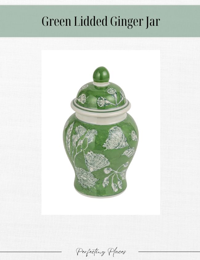 A decorative green ginger jar with a lid, featuring a timeless look with its white floral pattern. The background is white, and the top of the image displays the text "Green Lidded Ginger Jar." Ideal for sprucing up your Amazon Home Decor collection.