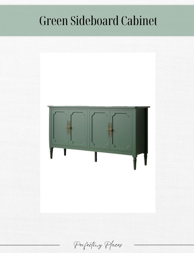 A green sideboard cabinet with three doors, ornate handles, and tapered legs delivers a timeless look, displayed against a white background.