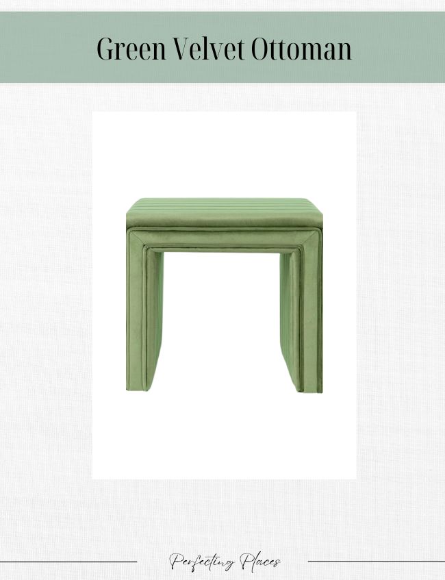 A green velvet ottoman sits against a plain white background, exuding a timeless look with its cube shape and cushioned seat. Its sleek, minimalist design is ideal for any Amazon Home Decor collection. Above it, "Green Velvet Ottoman" appears in an elegant font.