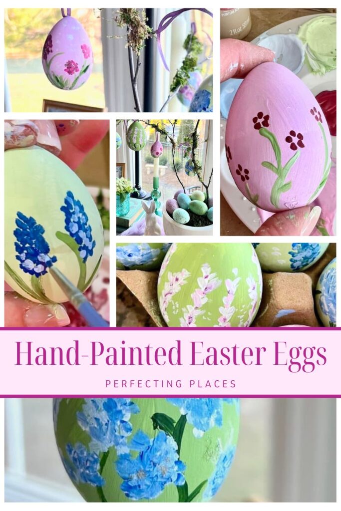 Collage of hand-painted Easter eggs featuring floral designs. Various colors and flower patterns are displayed on pink, blue, and green backgrounds with matching floral art. Perfect for spring decor, a banner reads "Hand-Painted Easter Eggs: Perfecting Places.