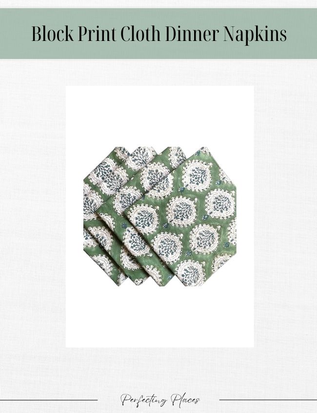 A set of green block print cloth dinner napkins with a white floral pattern, effortlessly combining classic home decor and a timeless look. Neatly folded and displayed against a plain background, the banner above reads "Block Print Cloth Dinner Napkins.