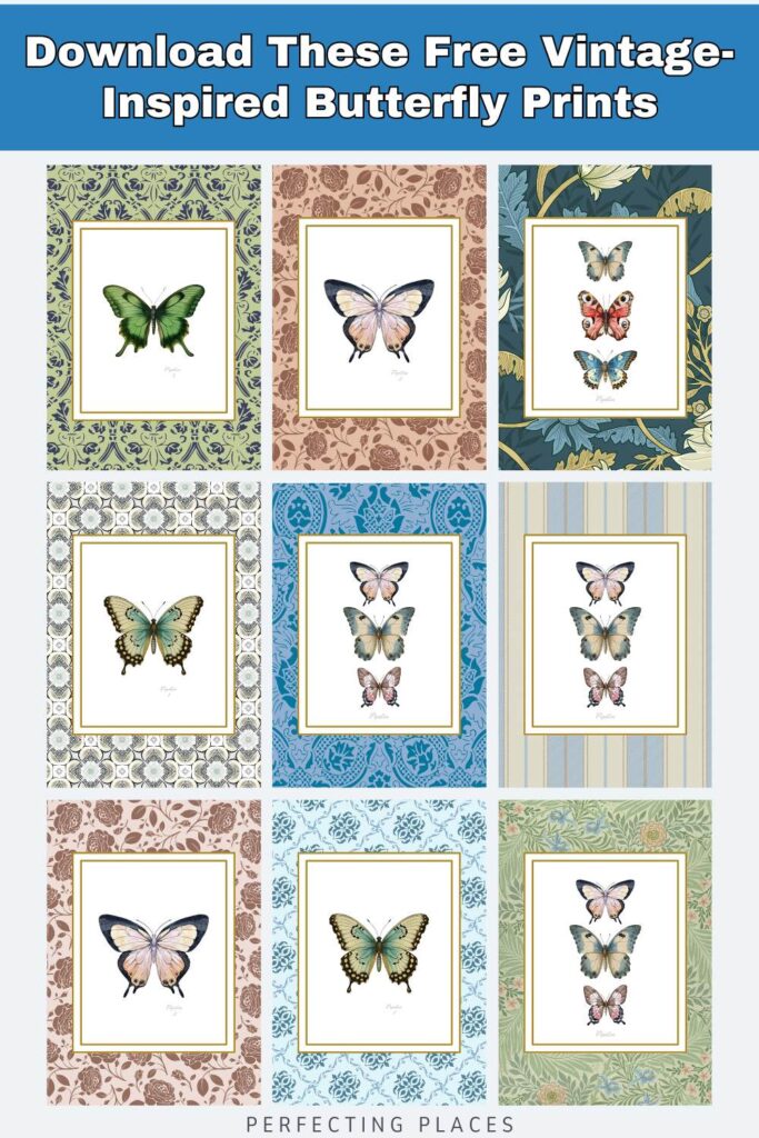 A collage of nine vintage-inspired butterfly images, each framed with ornate backgrounds in various colors and floral patterns. The text above reads "Download These Free Printable Art Vintage-Inspired Butterfly Prints.