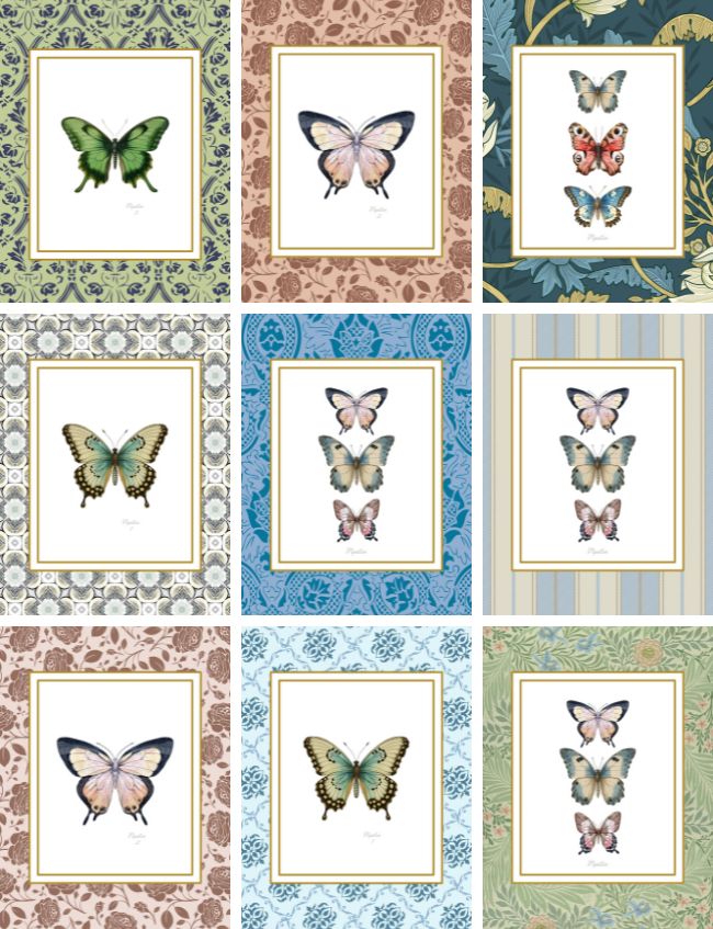 A grid of nine vintage butterfly illustrations, each with ornate borders in shades of green, brown, and blue. This free printable art features different butterfly species, showcasing diverse colors and patterns in every square.