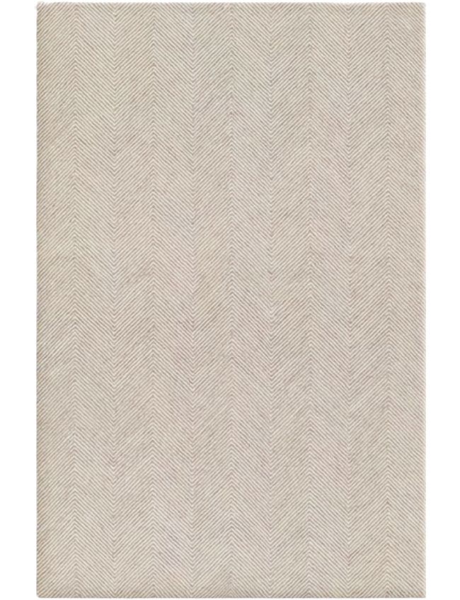 A rectangular beige area rug with a subtle herringbone pattern, featuring delicate, closely spaced lines running vertically. This minimalist design exemplifies the elegance of neutral textured area rugs for any space.