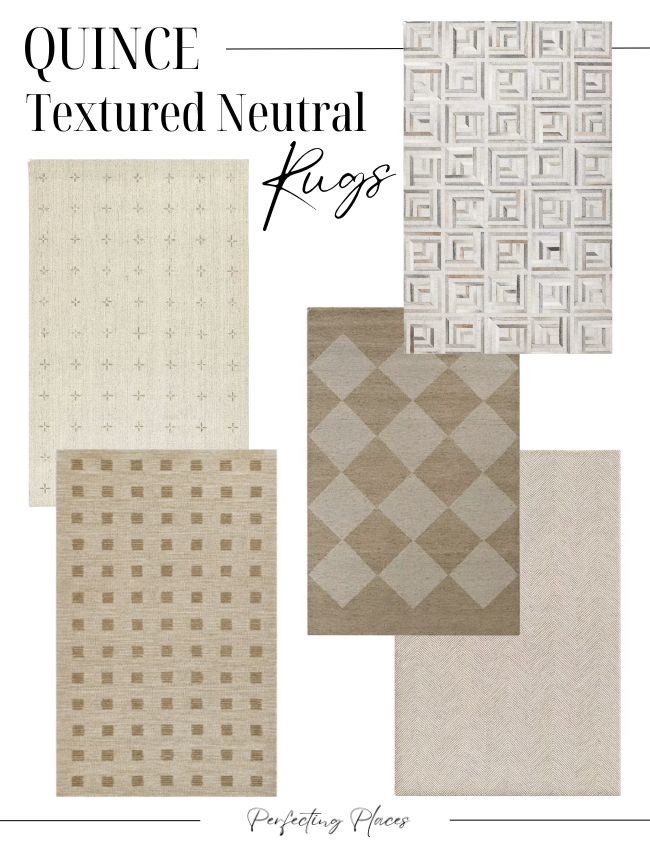Five neutral-colored rugs with different textured geometric patterns are displayed in a collage. Text at the top reads "QUINCE Neutral Textured Area Rugs." The designs include squares, diamonds, and subtle weaves.