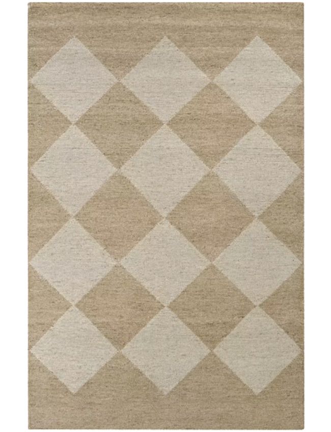 A rectangular beige rug featuring a large diamond checkerboard pattern in light and dark beige shades, perfect for those seeking neutral textured area rugs to complement any space.