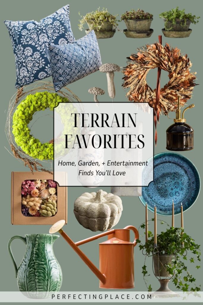 A collage of home and garden items—pillows, plants, wreaths, candles, a pumpkin, and more—features text: "Terrain Favorites: Best Terrain Sale Finds for Home, Garden, + Entertainment You'll Love.