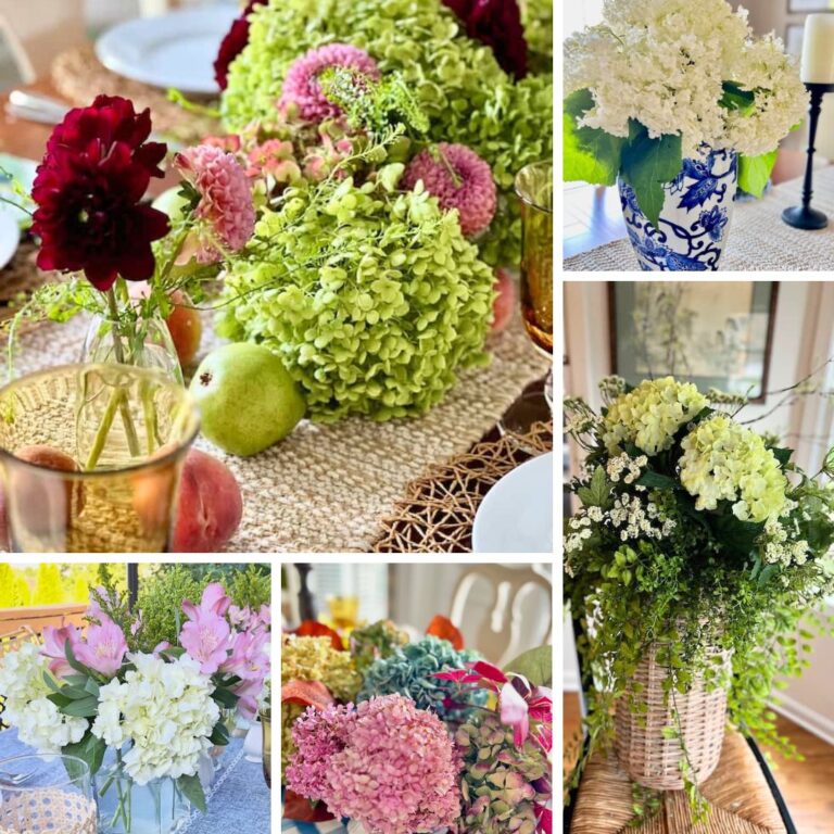 A collage of hydrangea floral arrangements showcases creative ways to decorate with hydrangeas, featuring green, pink, white, and burgundy blooms in vases, baskets, and as a table centerpiece with fruits and glasses on a woven table runner.