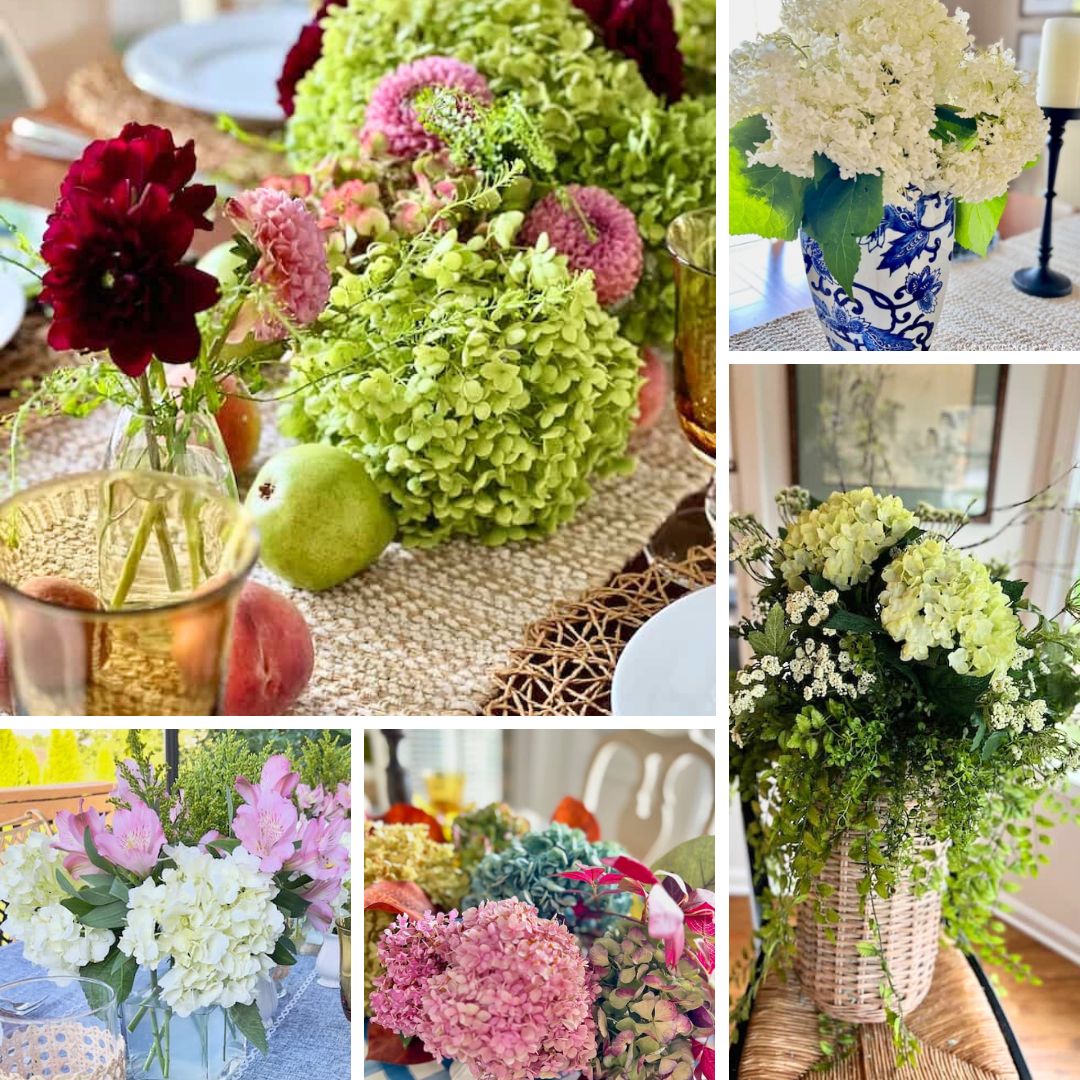 A collage of hydrangea floral arrangements showcases creative ways to decorate with hydrangeas, featuring green, pink, white, and burgundy blooms in vases, baskets, and as a table centerpiece with fruits and glasses on a woven table runner.