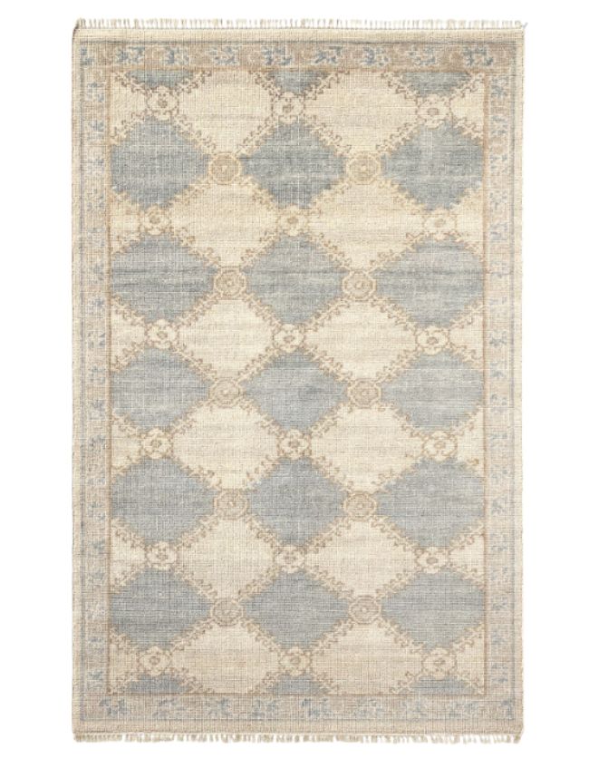 Rectangular area rug featuring a repeating geometric diamond pattern in muted beige and soft blue tones, with a decorative border and fringed edges—one of those Seven on Saturday finds that's truly making me happy.