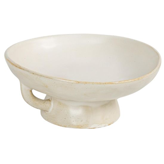 A white, shallow ceramic bowl with a wide rim, raised on a thick round base, and featuring a small handle on one side—perfect for those seeking inspiration on how to decorate a footed bowl elegantly.
