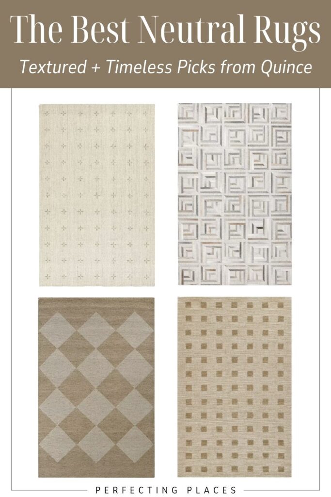 Four neutral textured area rugs are displayed in a 2x2 grid, each featuring a unique pattern: small dots, geometric squares, diamond shapes, and a woven checkered design. Text above reads "The Best Neutral Rugs.