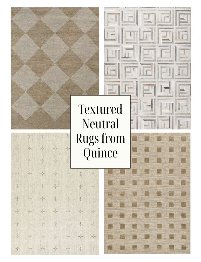 A collage of four textuneutral textured area rugs with geometric patterns, including diamonds, squares, and crosses. Center text reads: "Textured Neutral Rugs from Quince.
