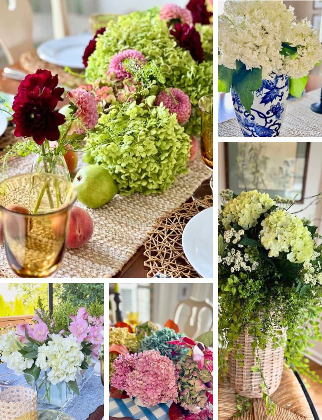 A collage of floral arrangements highlights creative ways to decorate with hydrangeas and assorted flowers in vases and baskets on dining tables, accented with apples, peaches, glassware, and decorative woven placemats.