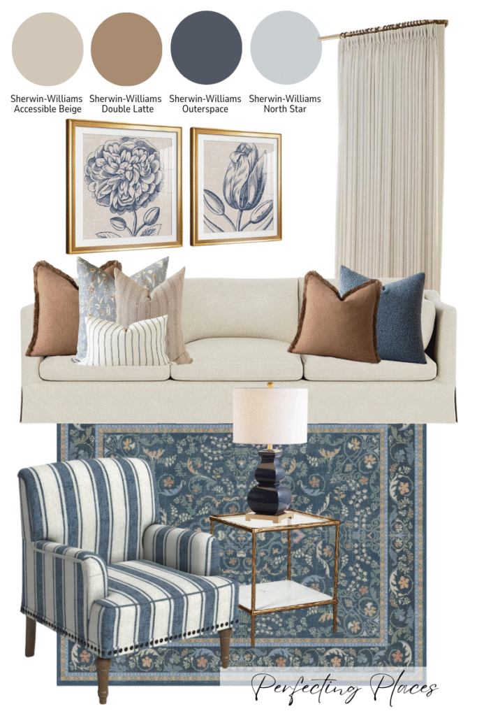 A mood board features cozy browns and moody blues with Sherwin-Williams swatches, a cream sofa with blue and brown pillows, floral wall art, striped blue armchair, blue rug, white lamp, and gold-trimmed side table for a classic living room feel.