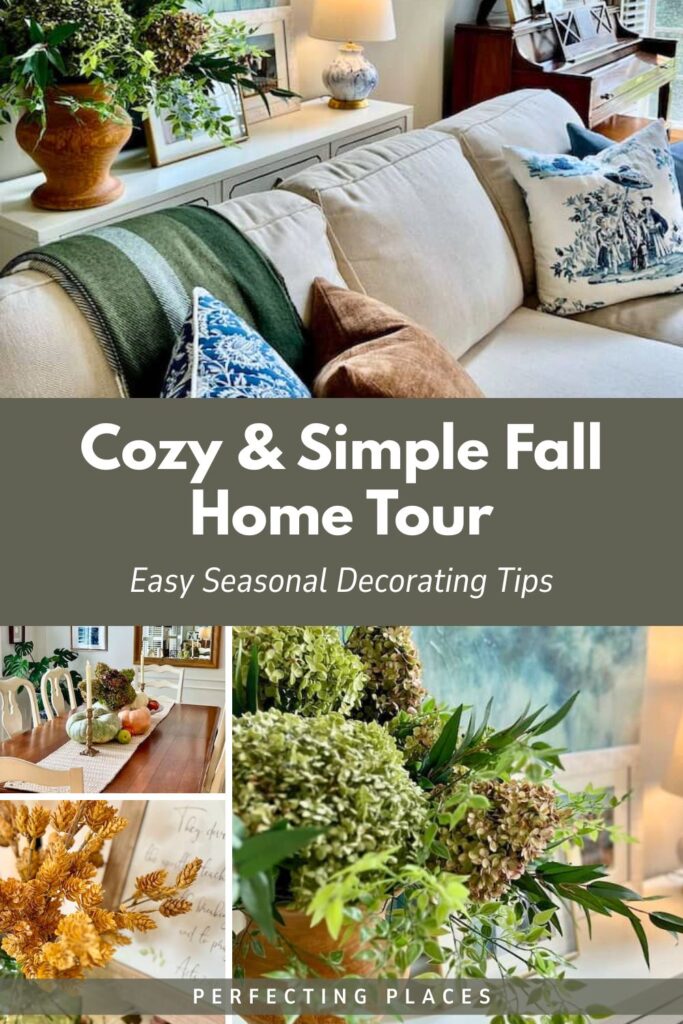 A cozy simple fall home tour featuring a beige couch, patterned pillows, and autumn decor. Collage shows a dining table with pumpkins, close-ups of green and dried florals, and fall leaves. Text reads: "Cozy & Simple Fall Home Tour.